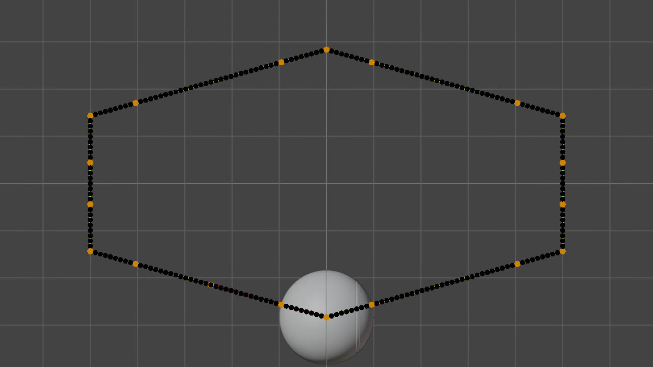 Vue de dessus de la trajectoire : un circuit fermé en hexagone allongé, avec un zigzag sur les bords haut et bas et deux montants verticaux sur les côtés. Les points du tracé sont régulièrement espacés.
