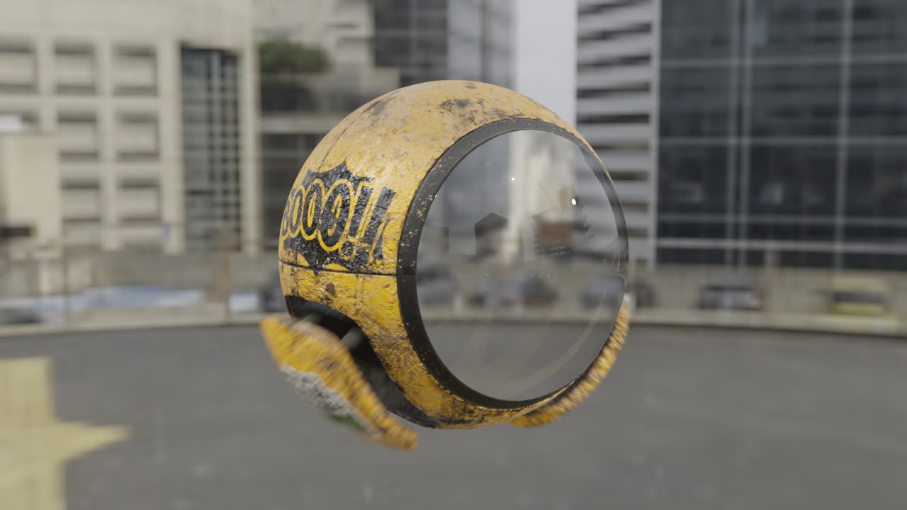 Gros plan de trois quarts : la bulle transparente reflète les immeubles vitrés du fond, et la lumière rasante détache les salissures de la coque jaune.