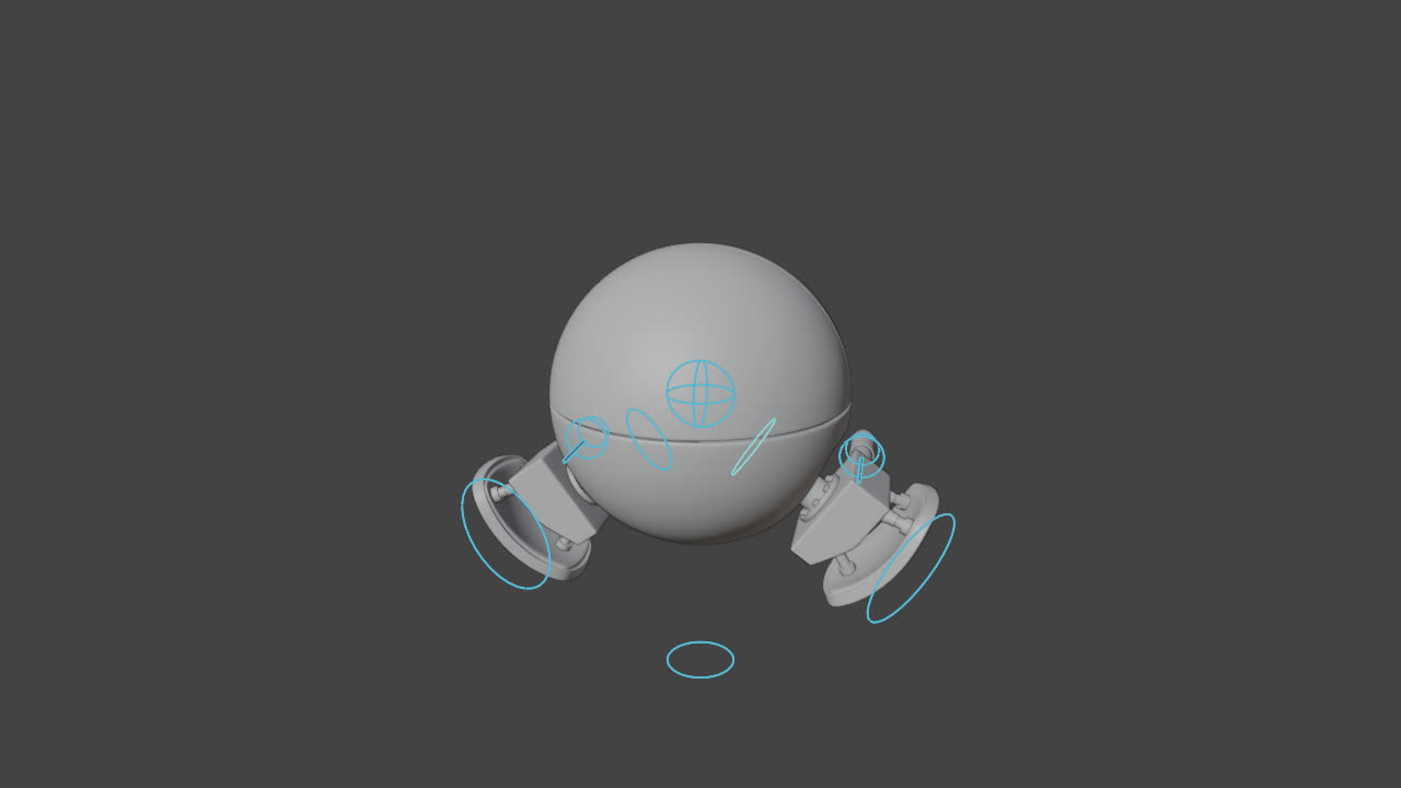 Le robot en gris technique, bras déployés, avec les contrôleurs du squelette affichés en cyan.