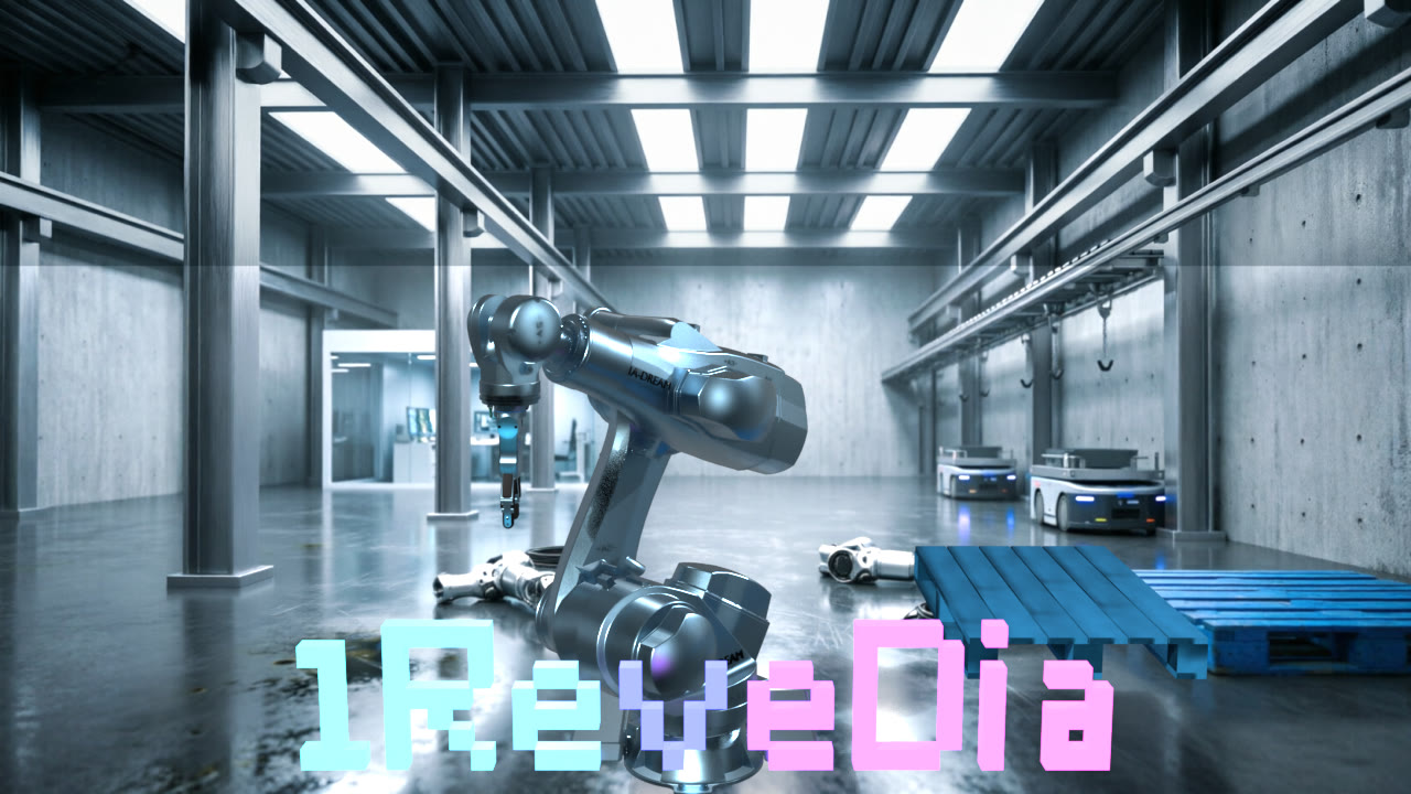 Le bras robotisé devant le mot 1ReveDia formé de cubes colorés.